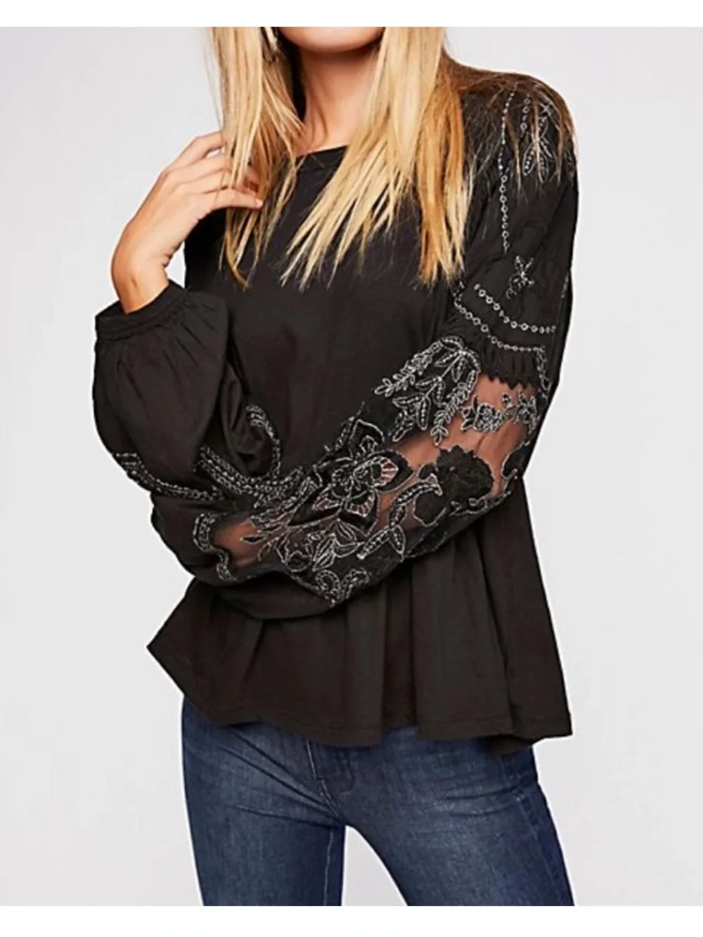 Free People Sz L Black Penny Peplum Long-Sleeve Top with Embroidered Sleeves